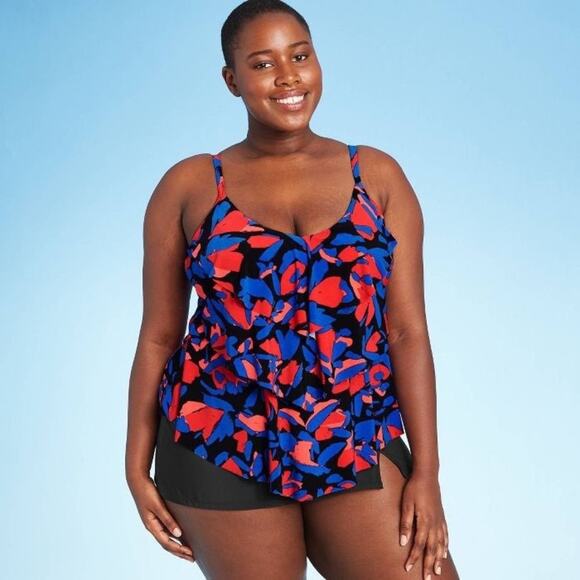 NWT Aqua Green Blue Red Multi Tiered Tankini Top 8/10 M - Picture 1 of 4